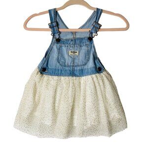 OshKosh B’Gosh Toddler Girl Mixed Media Polka Dot Denim‎ Overall Dress Sz 3T